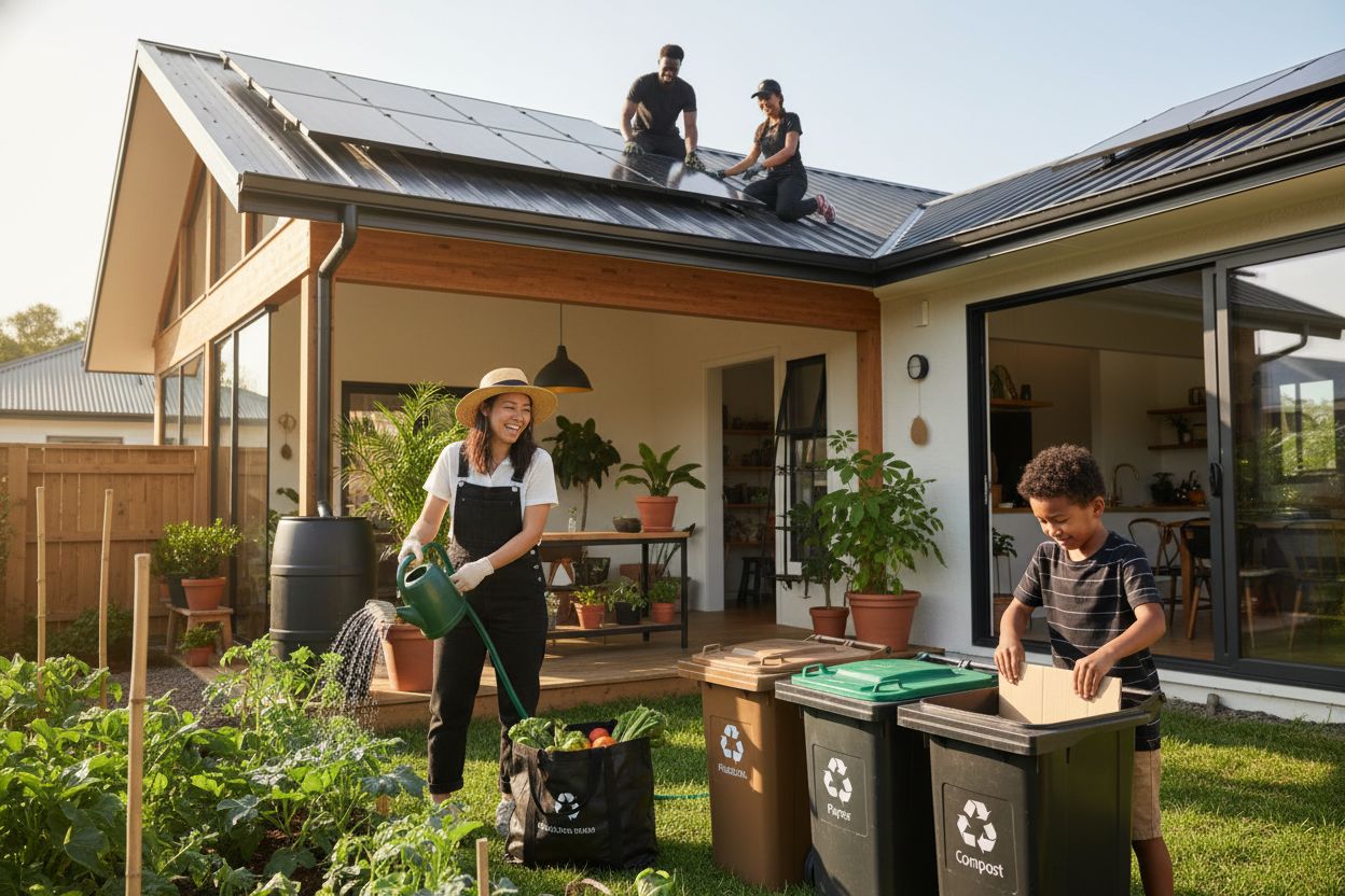 sustainable living, eco-friendly home, family outdoors