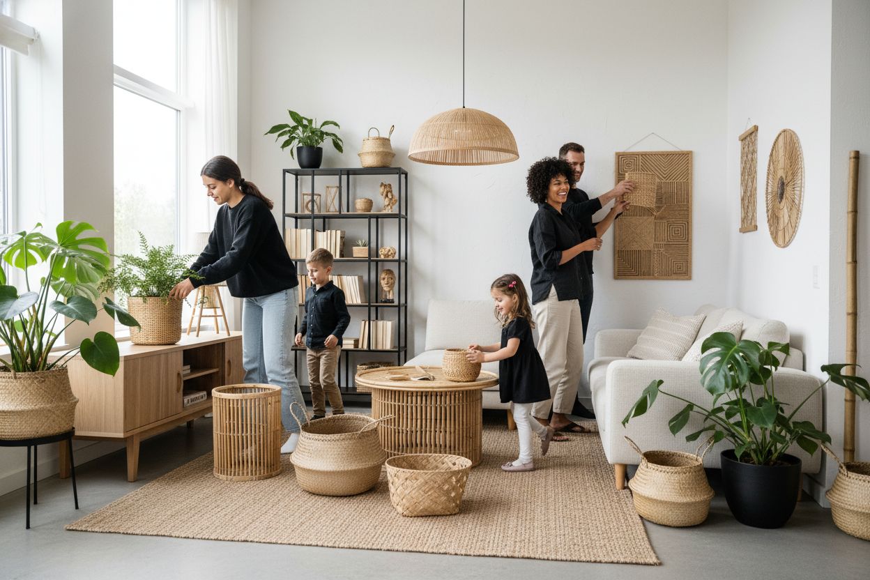 bamboo home decor, sustainable living room, bamboo furniture