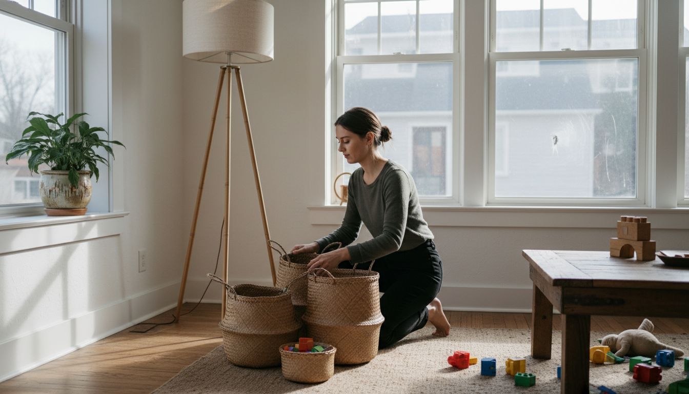 Woman arranging bamboo decor in living room