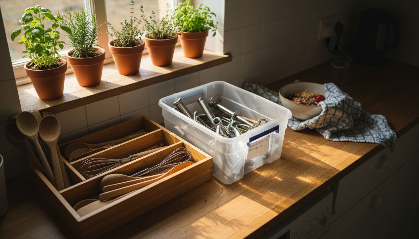 Bamboo and plastic organizers on kitchen counter