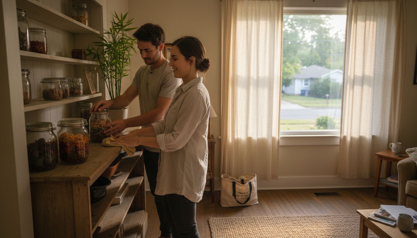Couple decorating eco-friendly living room with bamboo decor