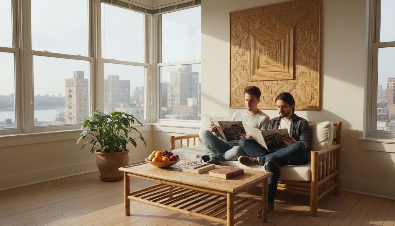 Bamboo furniture in cozy sunlit living room