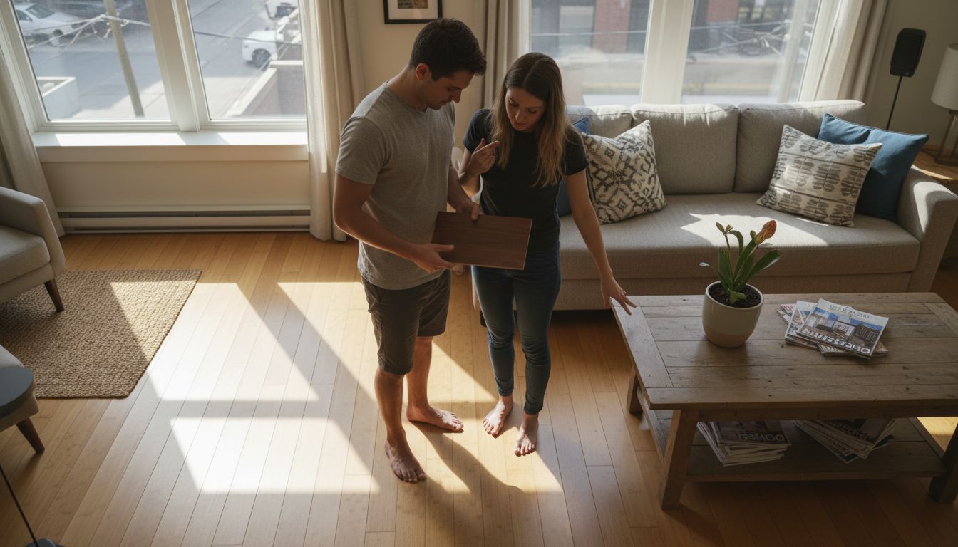 Couple comparing bamboo and hardwood floors