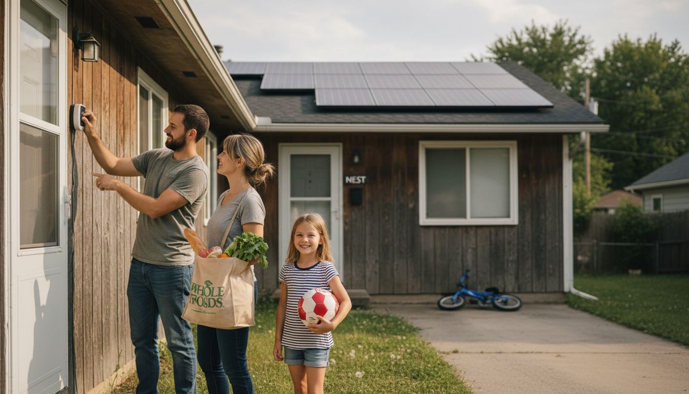 Family outside energy efficient home with solar panels