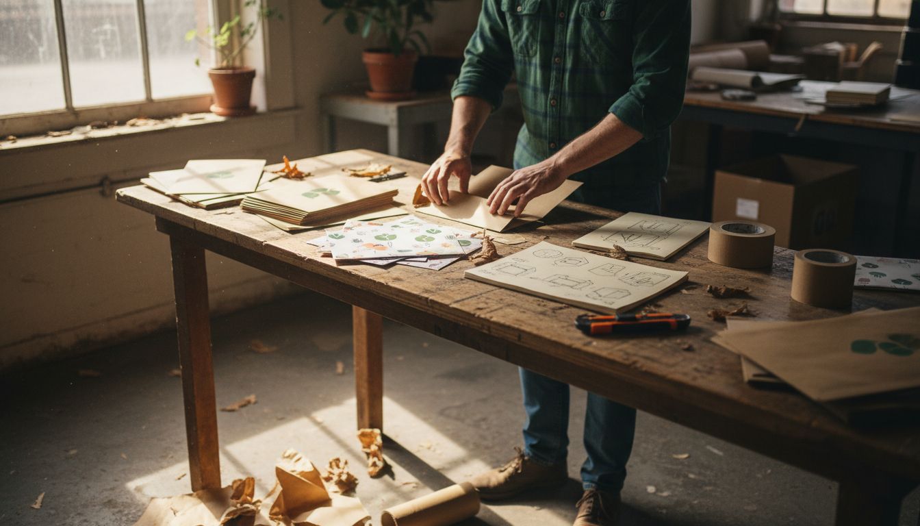 Business owner assembling biodegradable packaging samples