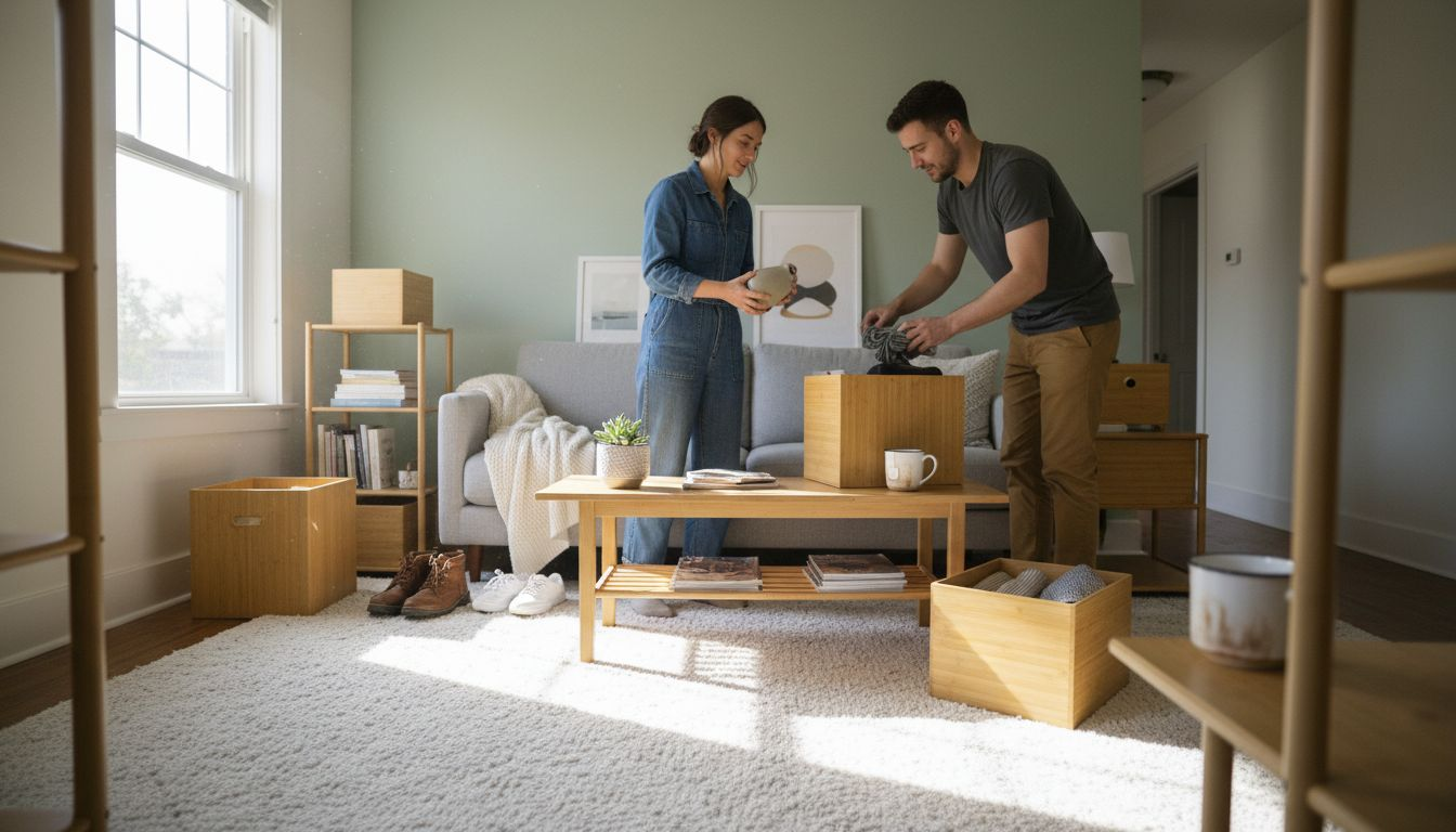 Couple decluttering living room with bamboo storage