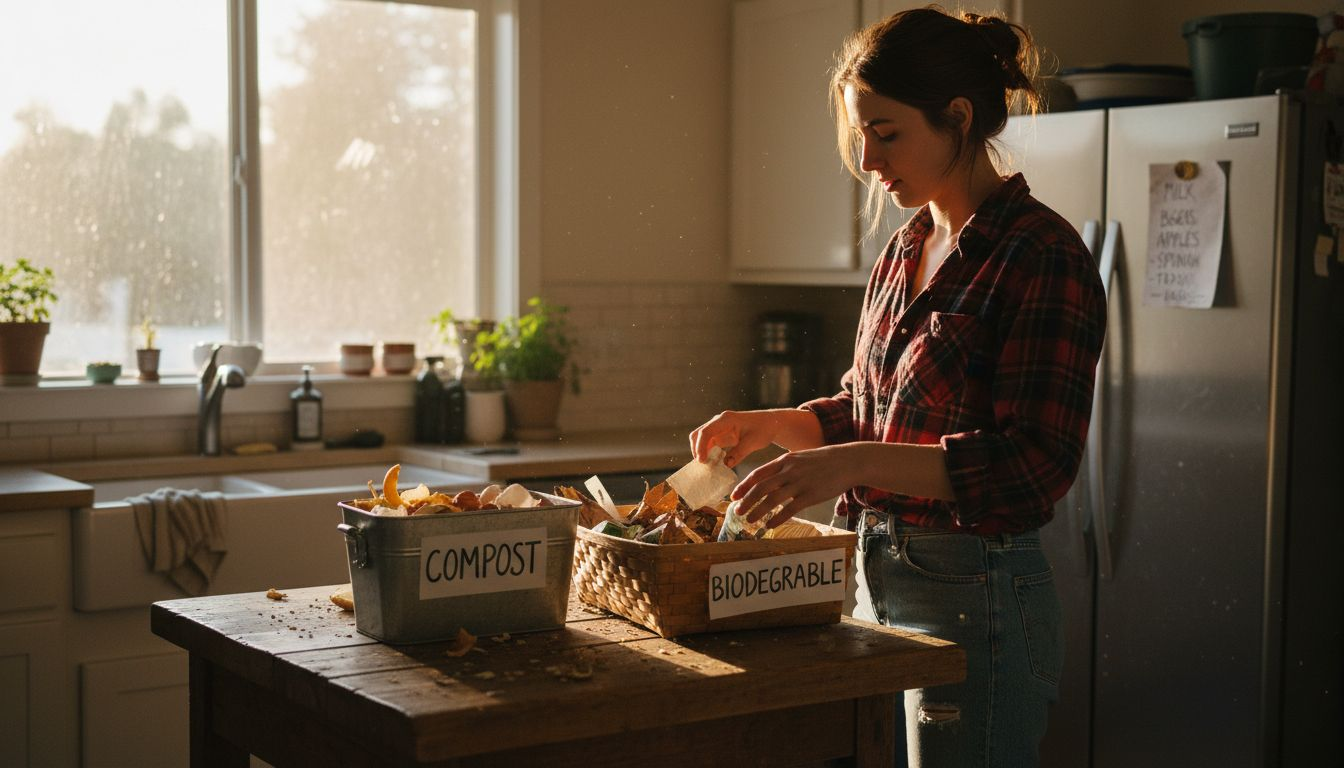 Woman sorts compostable and biodegradable waste bins