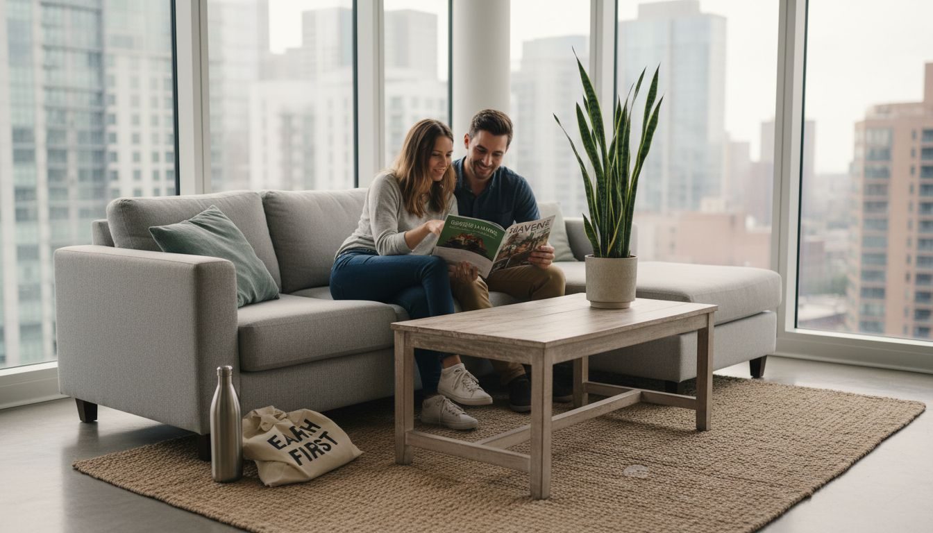 Couple relaxing in eco-friendly city living room