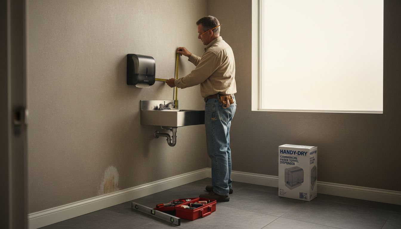Worker measuring restroom wall for dispenser