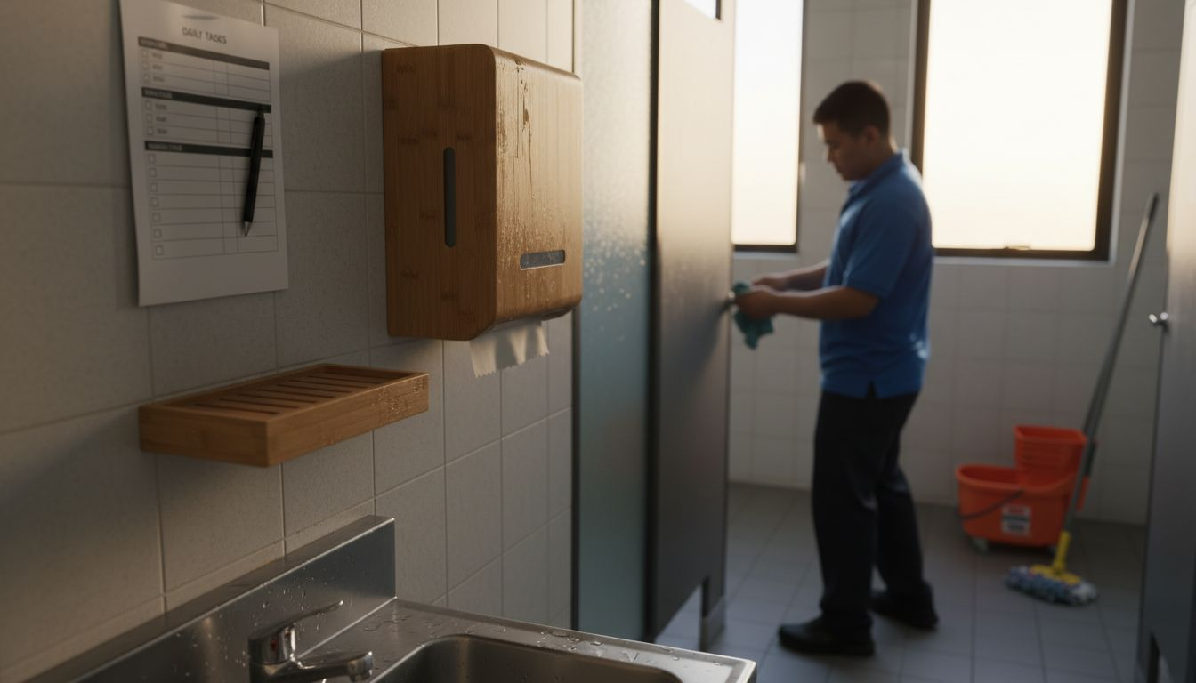 Modern restroom bamboo hygiene accessories in use