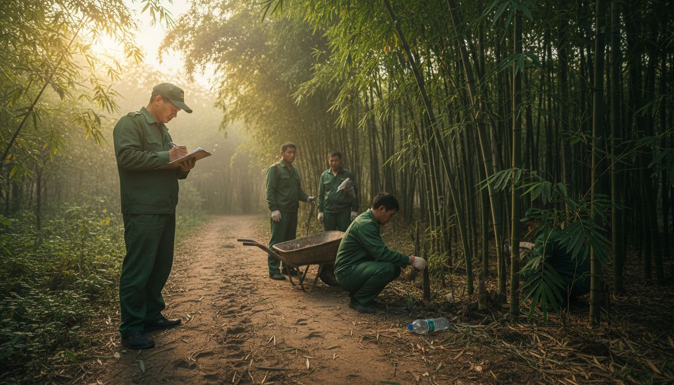 Forestry workers among sustainable bamboo grove