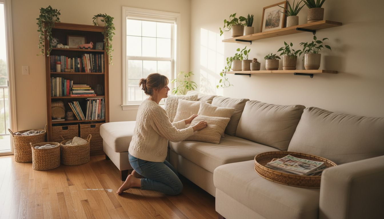 Bamboo shelves and baskets in cozy living room