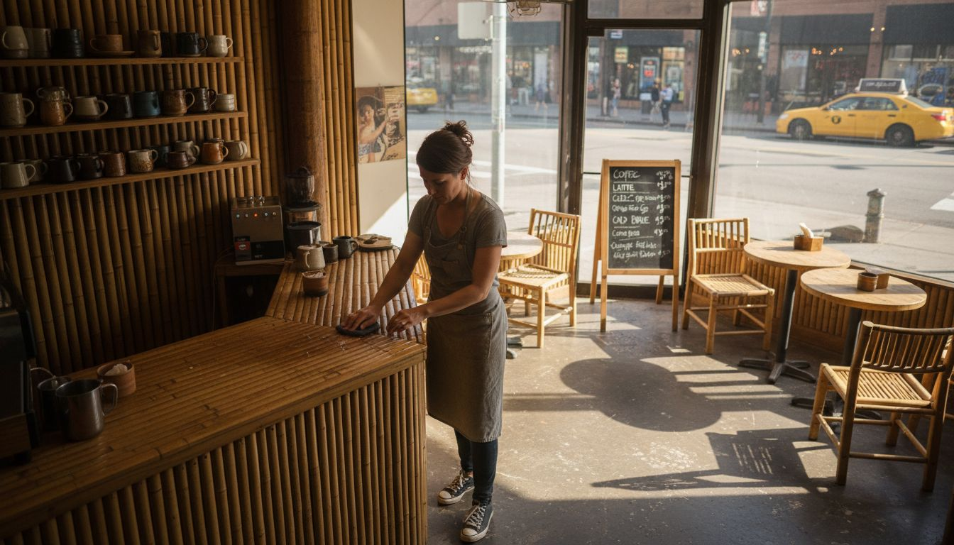 Barista cleaning bamboo café counter