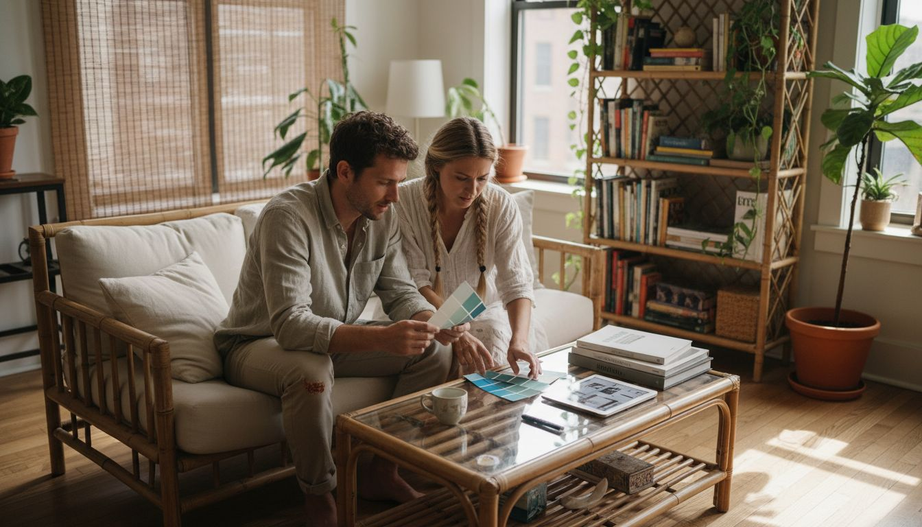 Couple designing eco-friendly bamboo living room