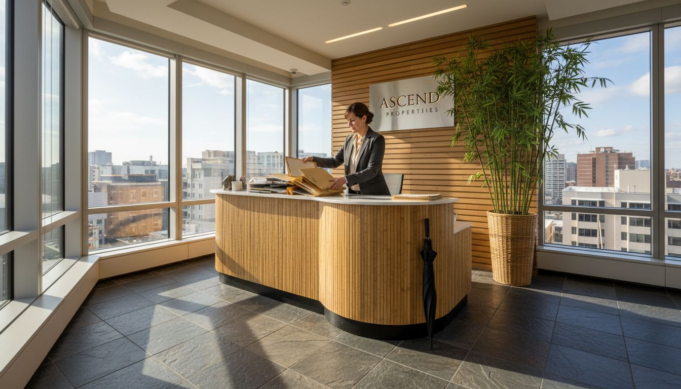 Reception in bright office with bamboo accents