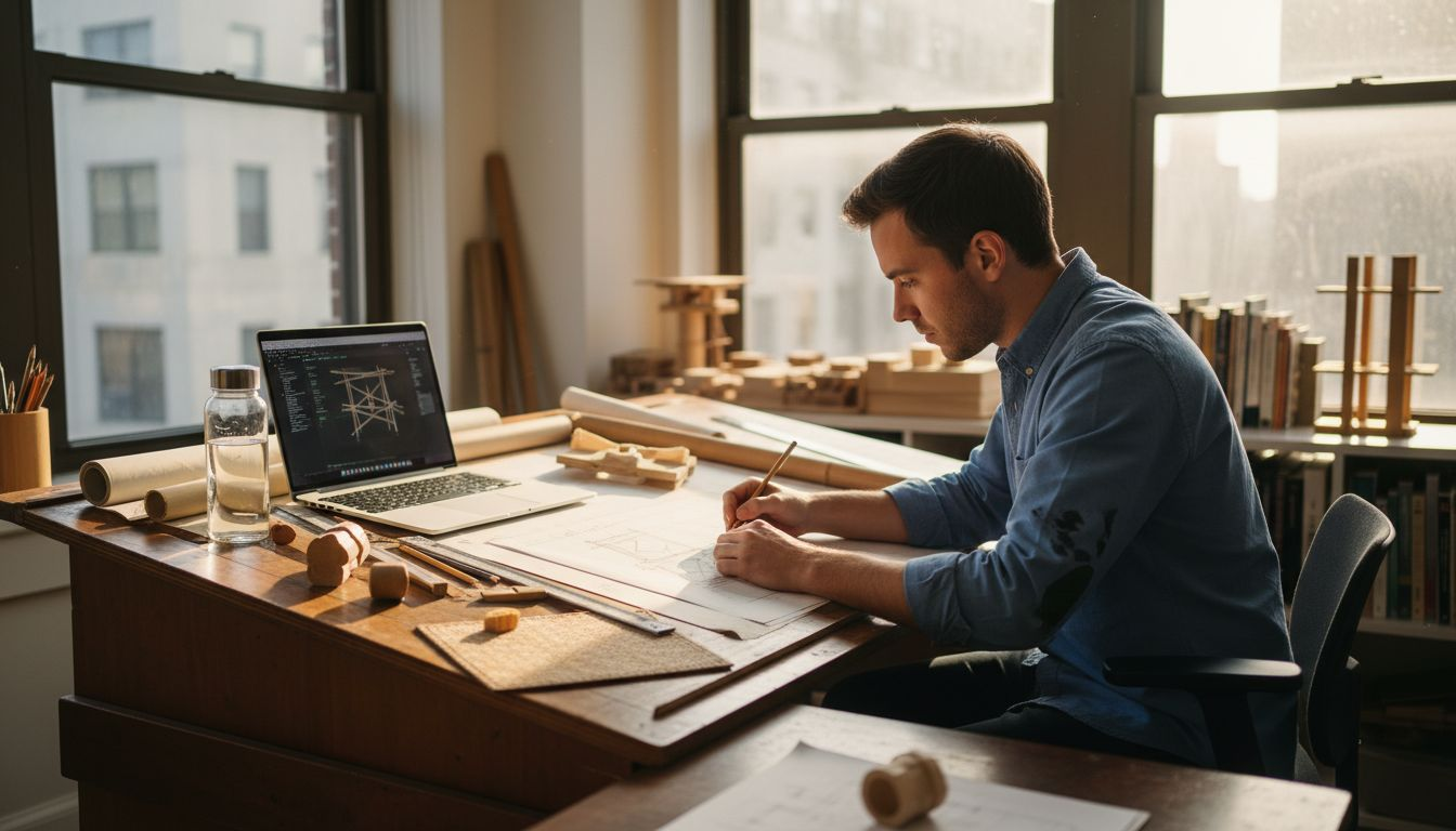 Architect sketching bamboo concepts in office