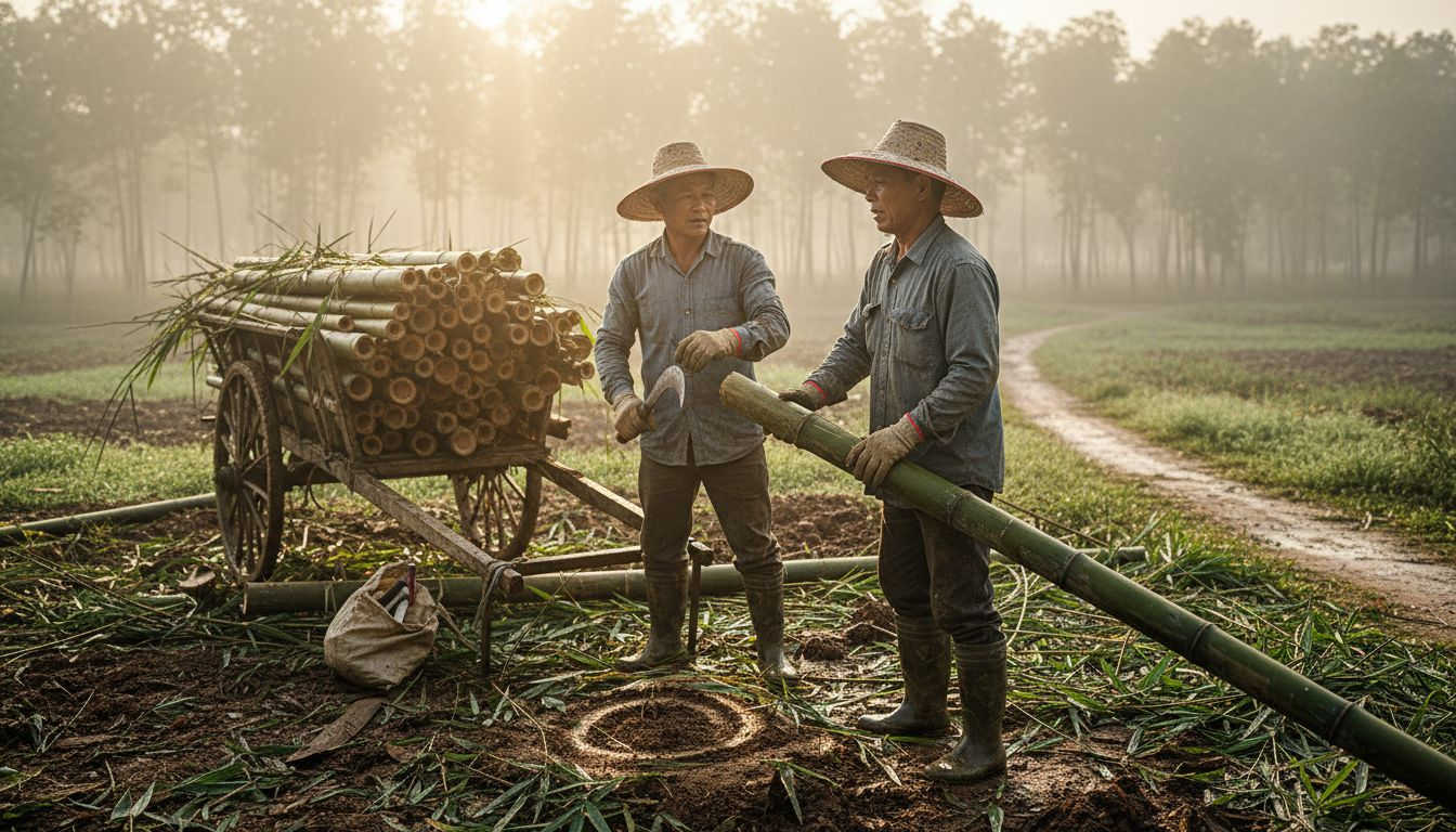 Bamboo workers harvesting in early morning field