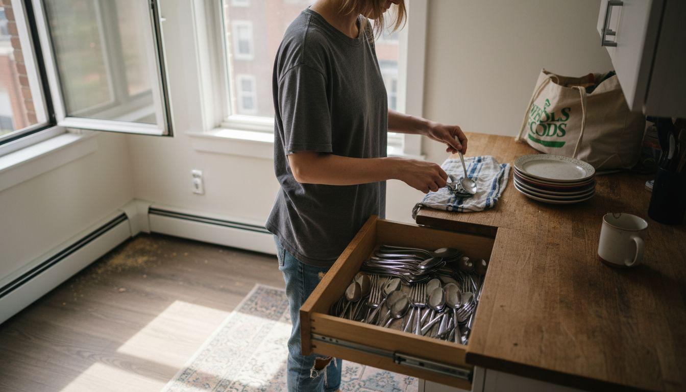 Woman decluttering kitchen drawer in sunlight