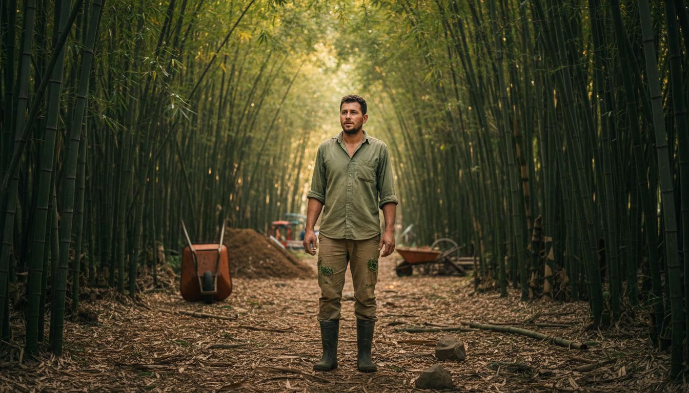 Worker in bamboo plantation under sunlight