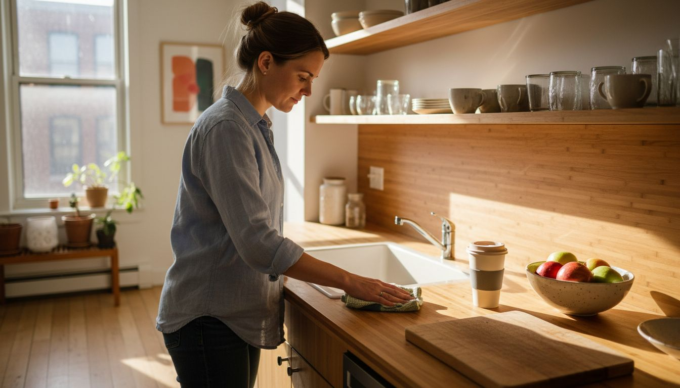 Woman cleaning bamboo kitchen countertop