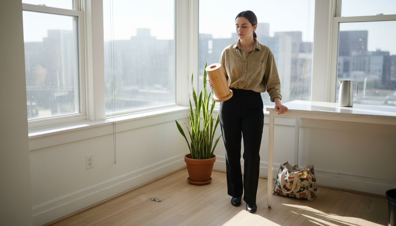 Designer with bamboo dispenser in bright office