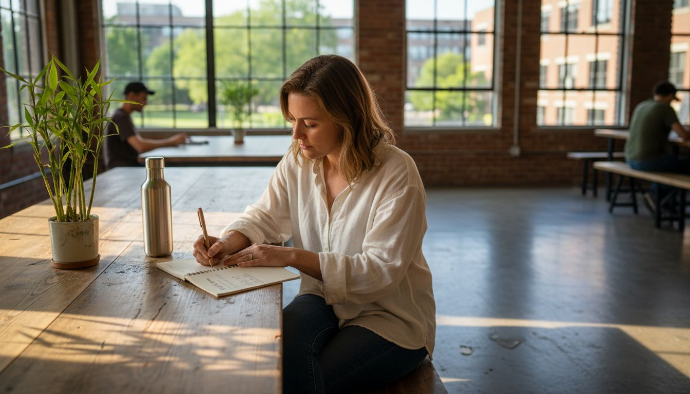 Woman working in eco-friendly office with biodegradable materials