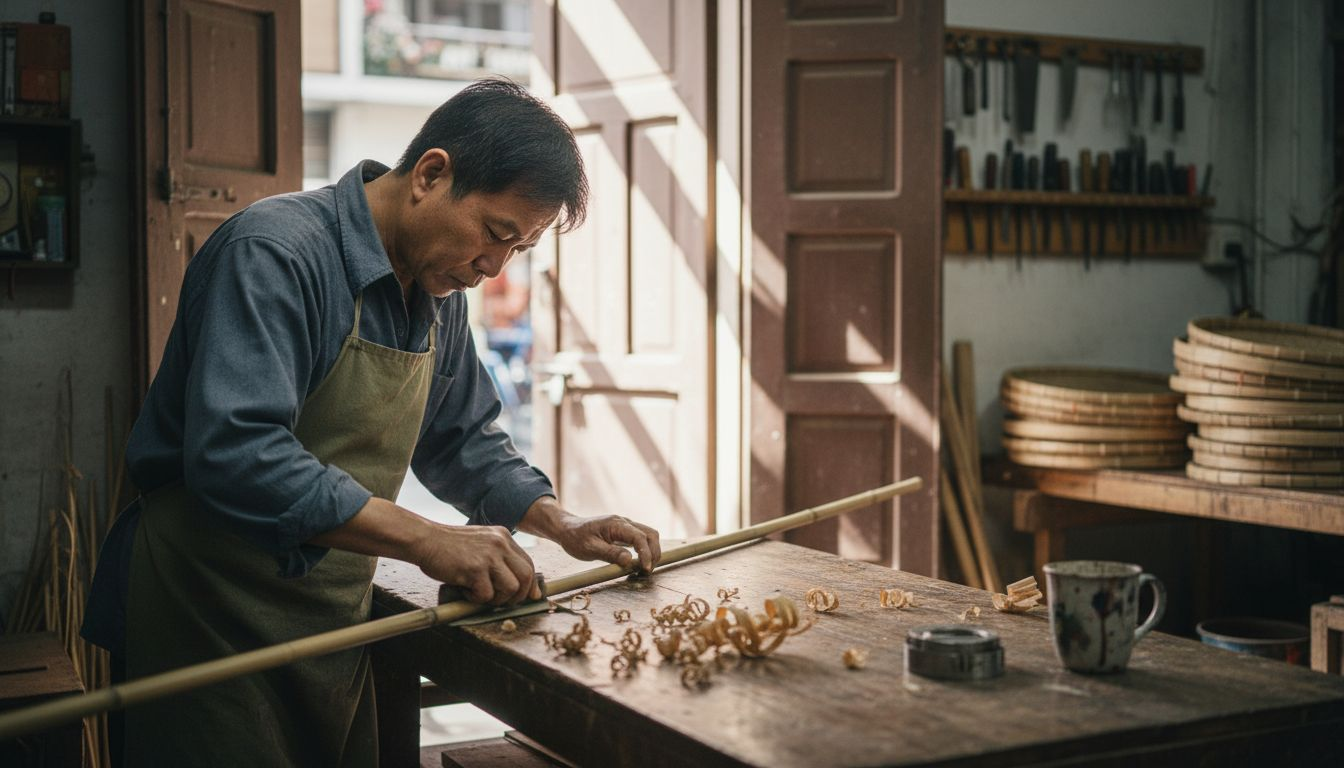 Bamboo craftsman sanding bamboo in workshop