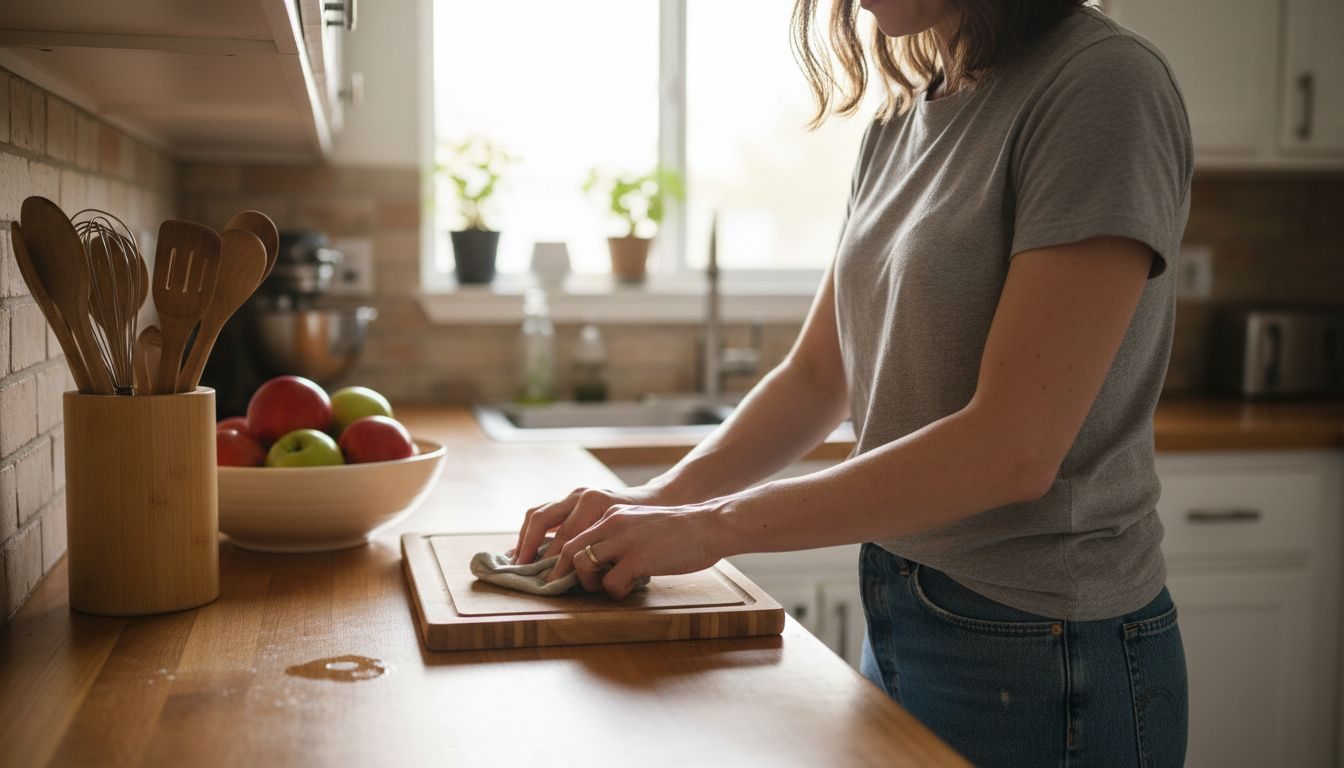 Woman cleaning bamboo kitchen board in sunlight