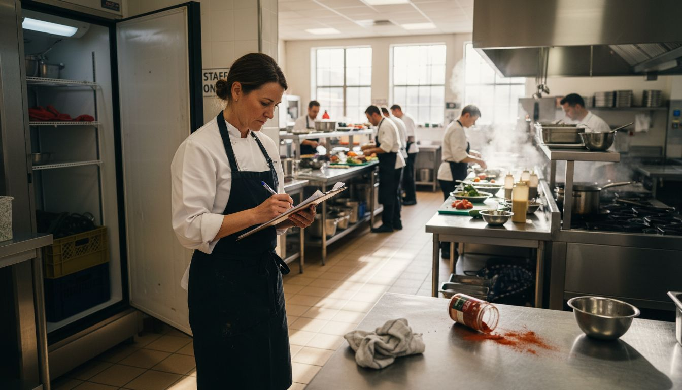 Chef assessing busy commercial kitchen workflow