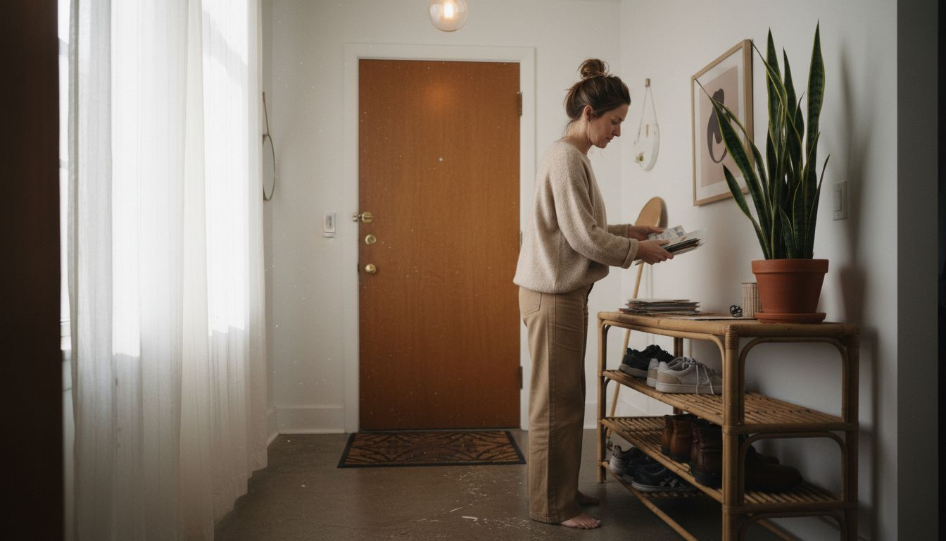 Woman organizing entryway on bamboo console table