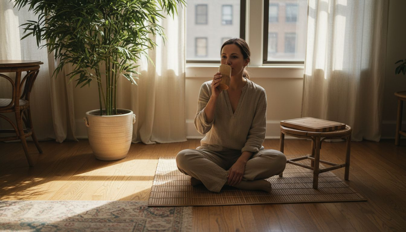 Woman enjoying tea with bamboo products