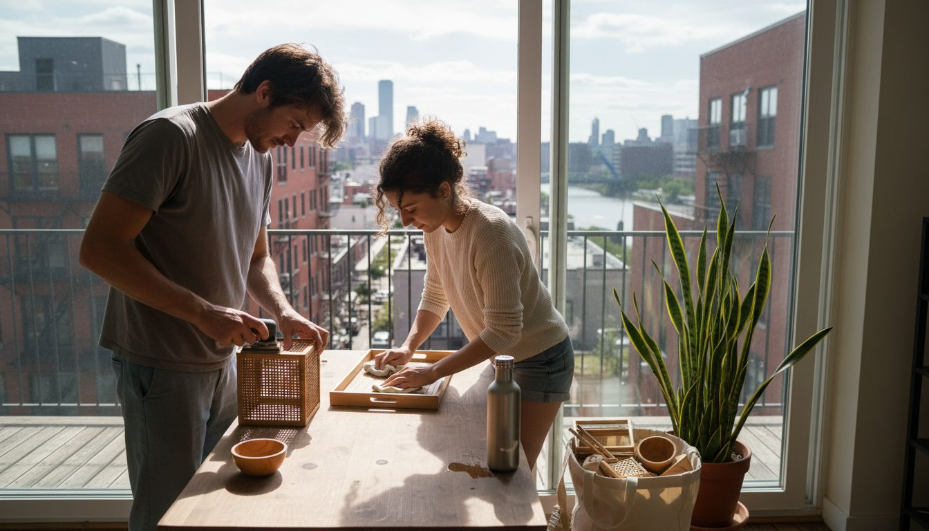 Couple upcycling bamboo products on balcony