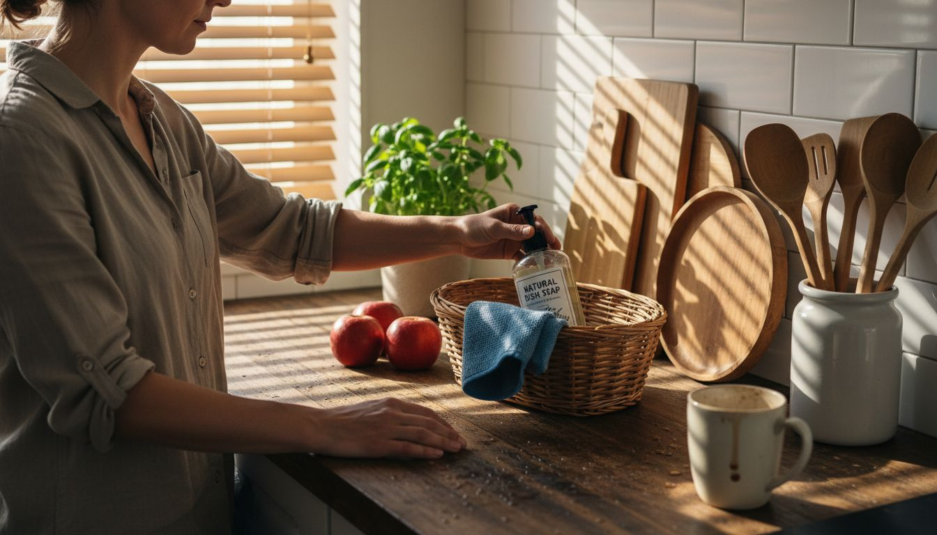 Selecting bamboo cleaning supplies in home kitchen