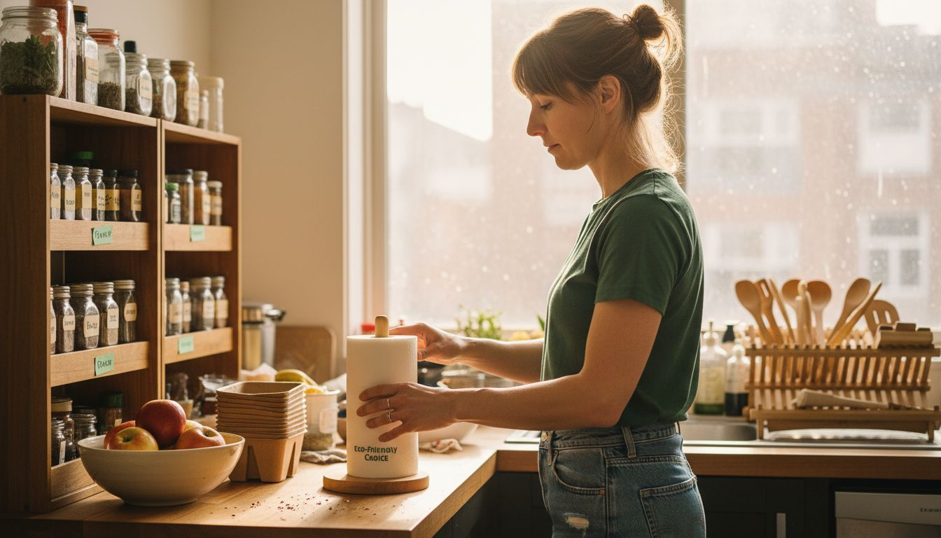 Woman using bamboo essentials in kitchen