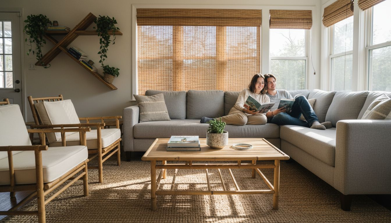 Eco living room with bamboo decor and sunlight