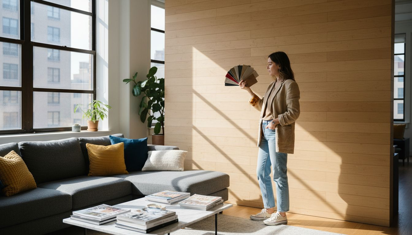Designer studying bamboo veneer interior wall