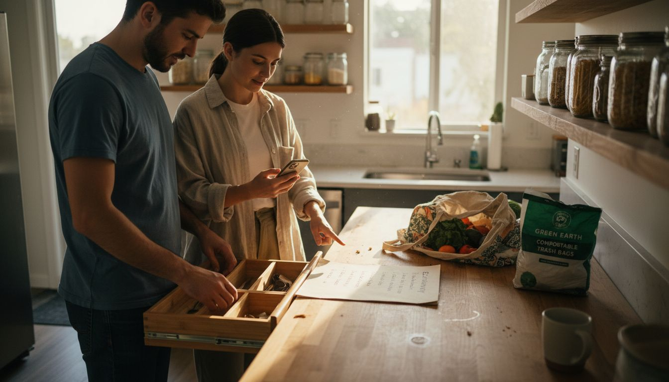 Couple organizing eco-friendly items in kitchen