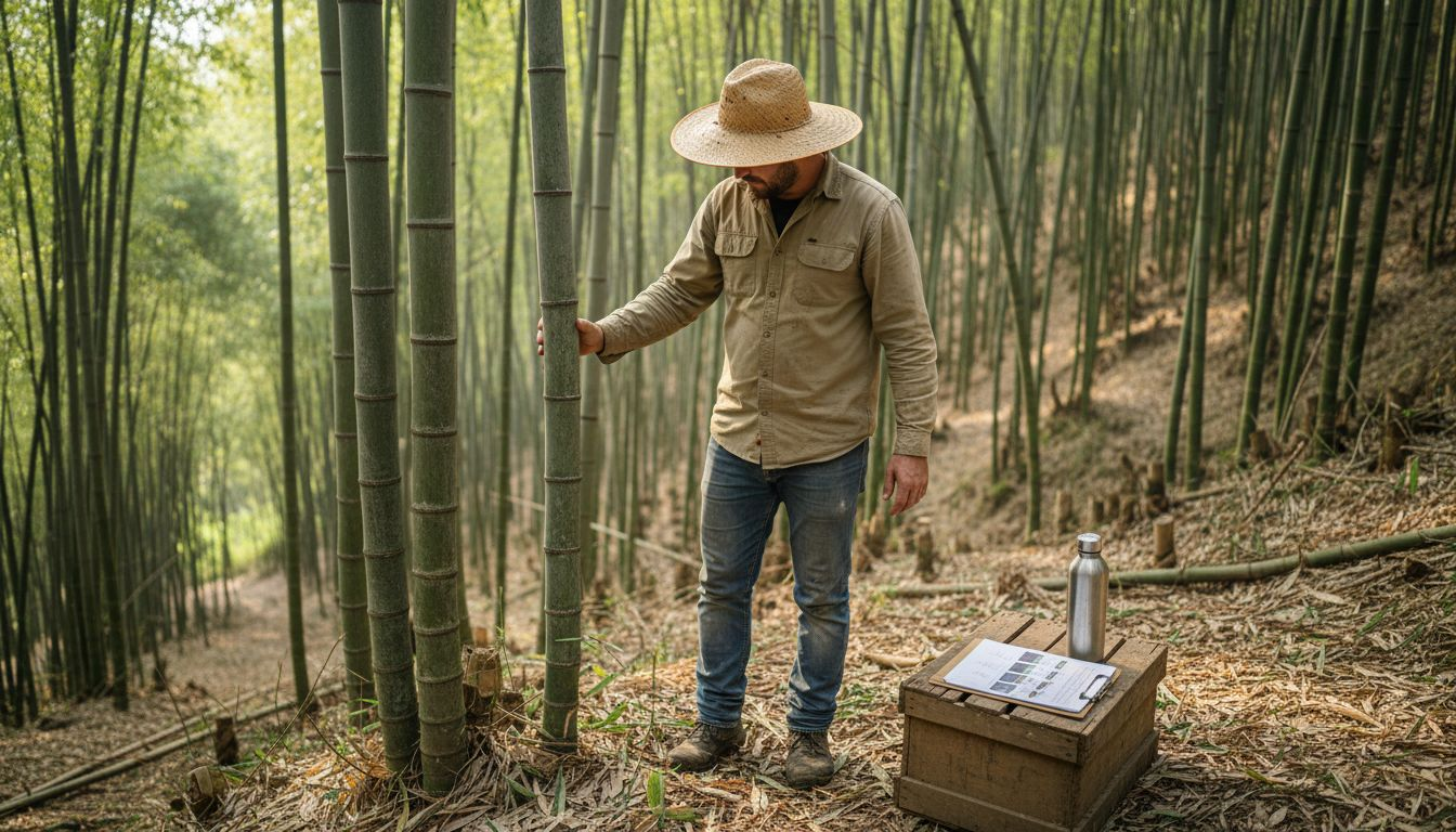 Field manager inspects commercial bamboo plantation