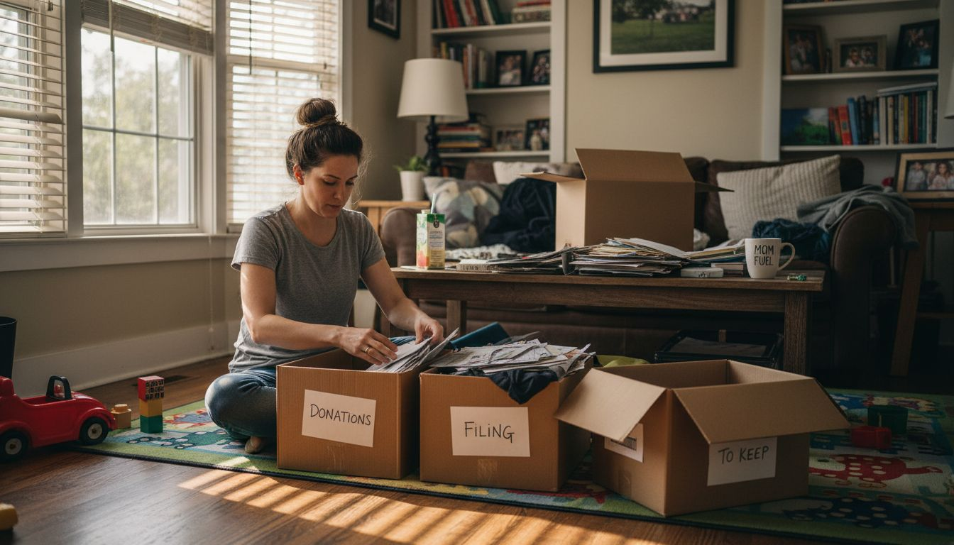 Woman organizing family living room space
