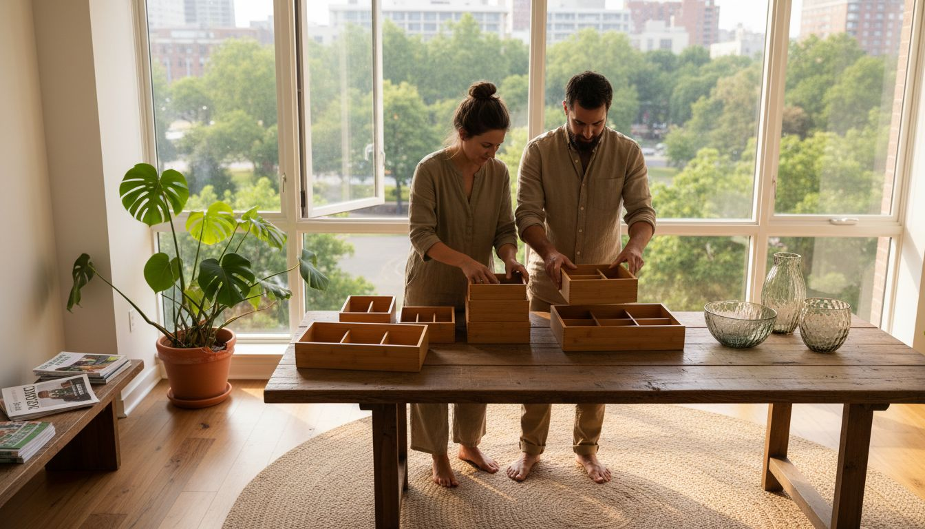 Couple arranging green home essentials