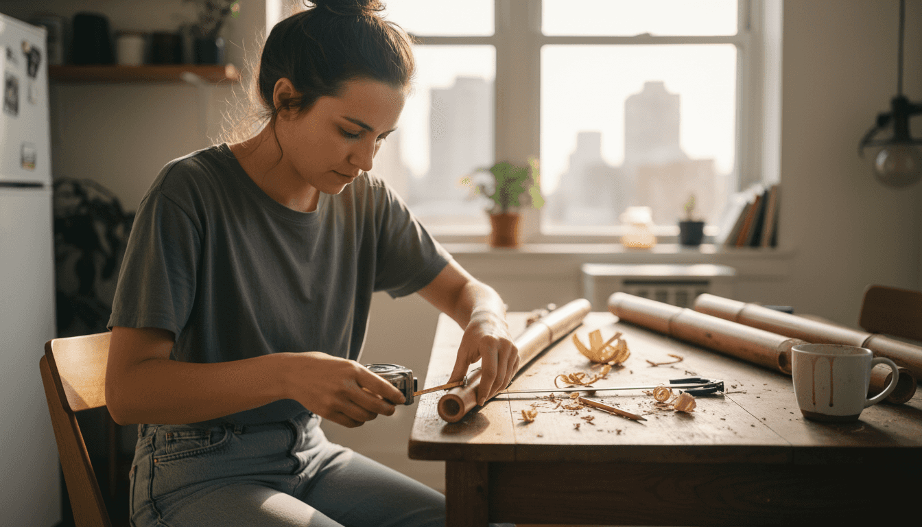 DIY bamboo decor workspace with tools and bamboo