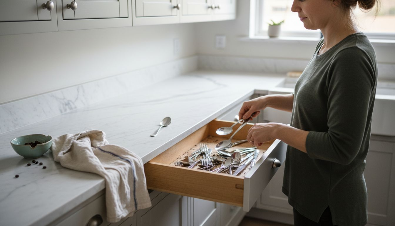 Woman emptying silverware drawer for cleaning