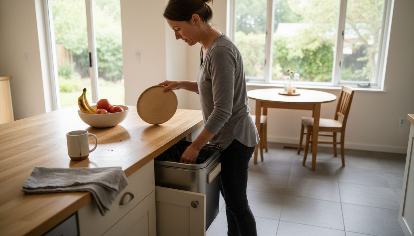 Kitchen scene with bamboo plate and compost bin