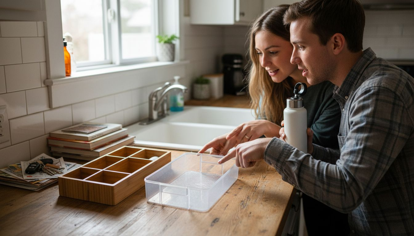 Couple comparing bamboo and plastic organizers in home kitchen