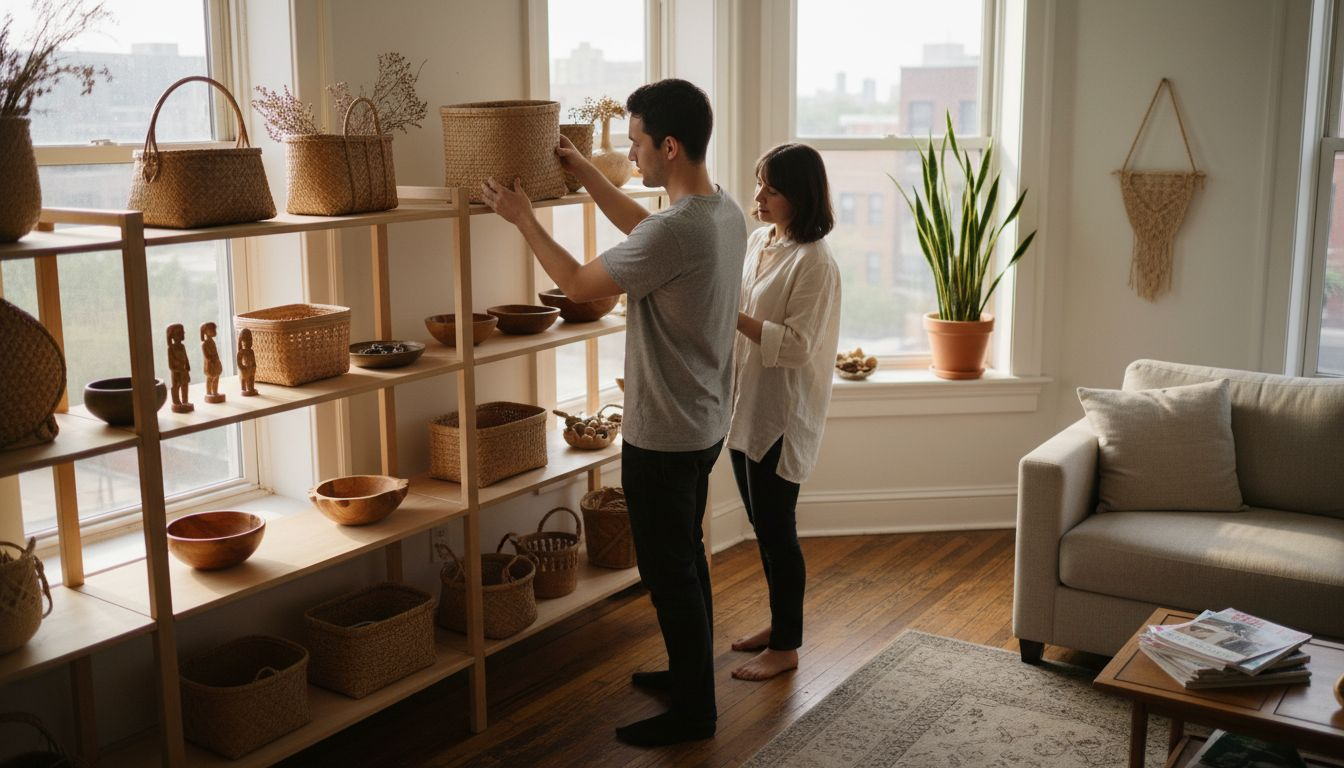 Couple organizing handcrafted bamboo items at home