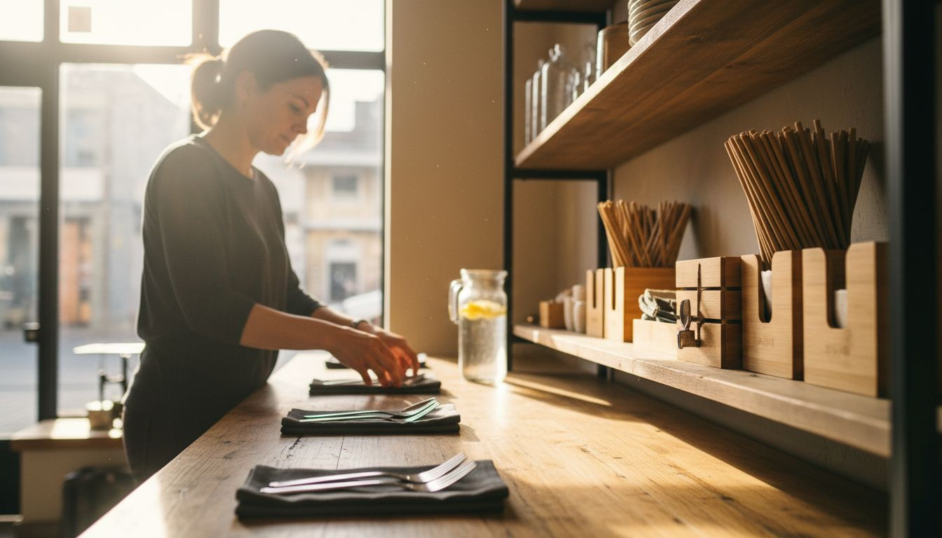 Manager arranging bamboo products in café