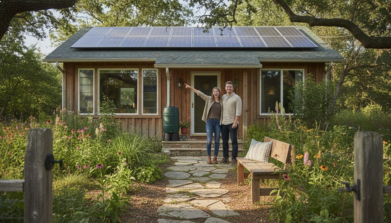 Couple outside sustainable home with solar panels