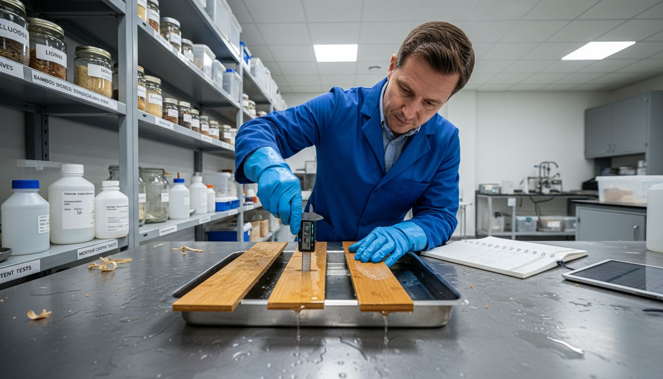Technician testing bamboo for moisture resistance