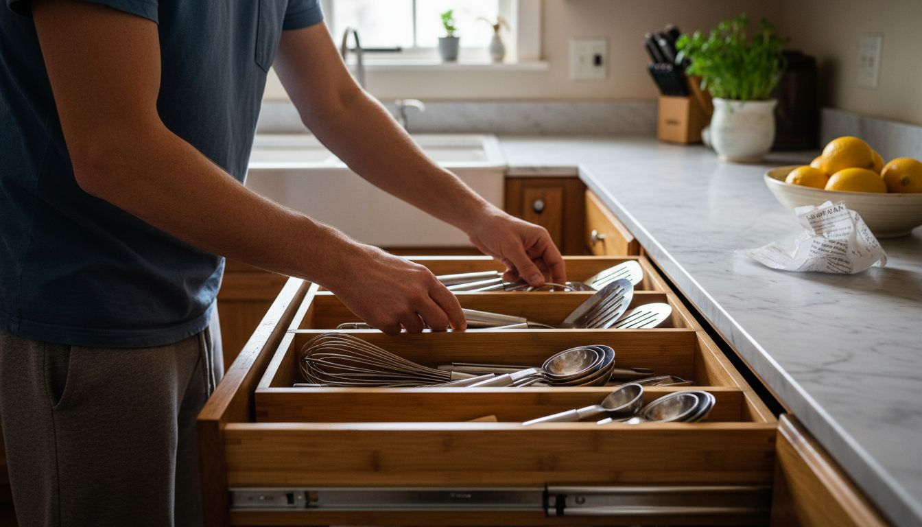Homeowner organizing cutlery with bamboo dividers