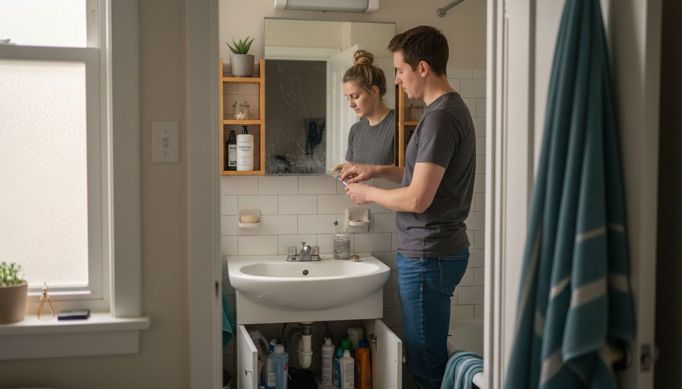 Couple using bamboo shelves in small bathroom